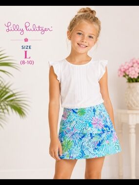 Lilly Pulitzer Girls Tropical Print Skort Blue Pink Cotton Stretch Size L 8 10